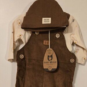 Rabbit bear adorable 3pc bear overalls with matching beanie 0-3m